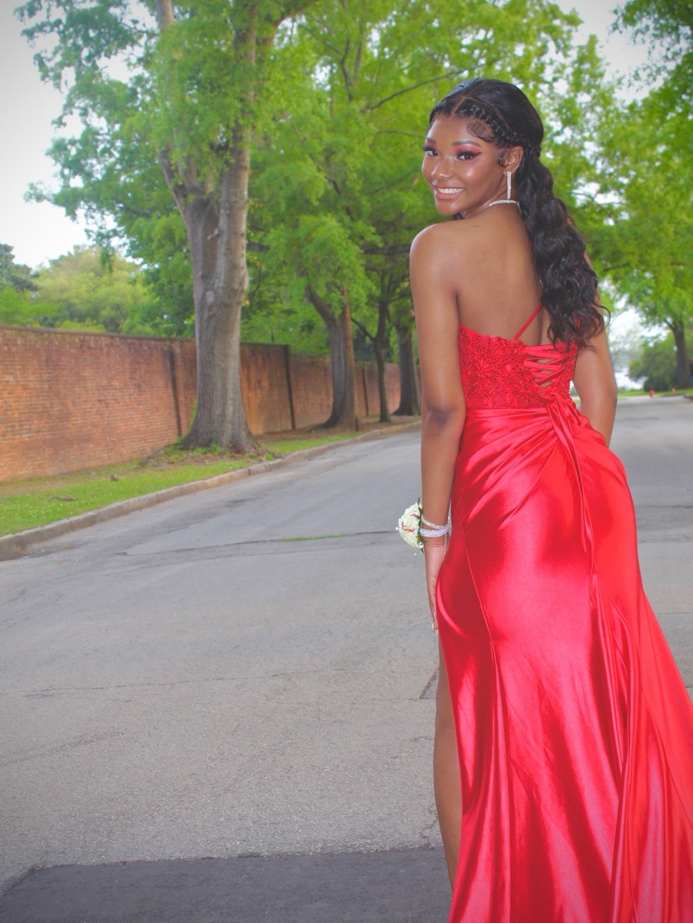 Sherri Hill Red Satin Lace-Back Prom Gown